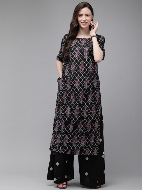 

Anouk Women Black & Pink Printed Straight Kurta