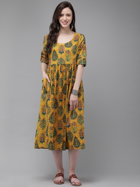 

Anouk Women Mustard Yellow & Green Printed Fit and Flare Dress