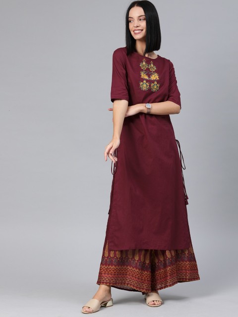 

Anouk Women Maroon & Mustard Yellow Yoke Design Kurta with Palazzos