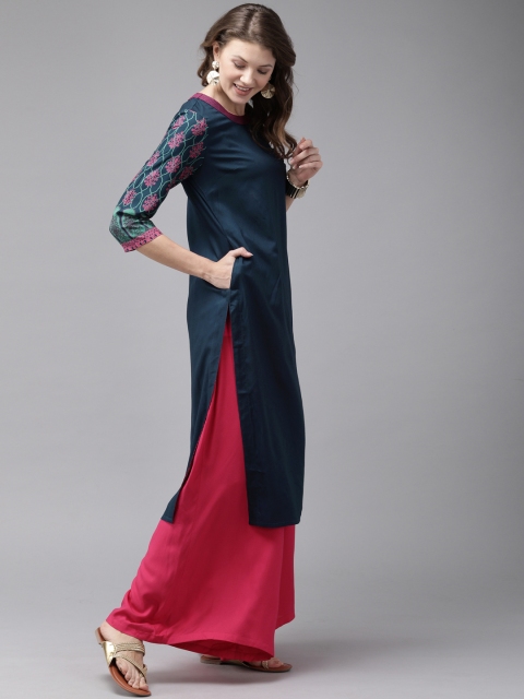 

Anouk Women Navy Blue Solid Straight Kurta with Printed Detail