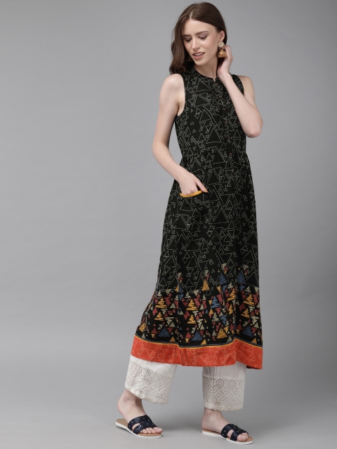 

Anouk Women Black & Grey Printed A-Line Kurta