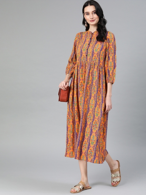 

Anouk Women Mustard Yellow & Blue Printed A-Line Fusion Kurta