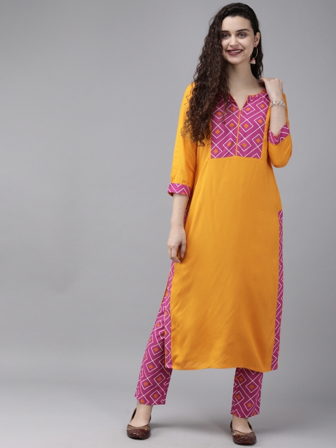 

Anouk Women Mustard Yellow & Pink Yoke Design Kurta with Trousers