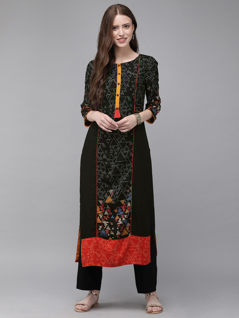 

Anouk Women Black & Red Printed Panelled Straight Kurta