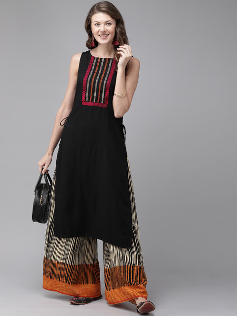 

Anouk Women Black Embroidered Kurta with Palazzos
