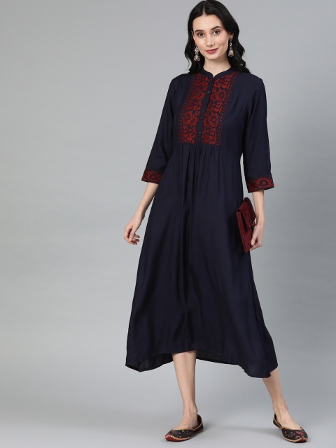 

Anouk Women Navy Blue & Maroon Embroidered Yoke Design A-Line Fusion Kurta