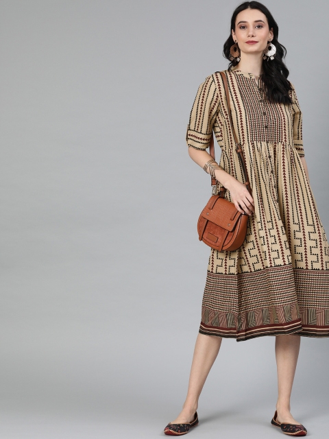 

Anouk Women Beige & Black Printed A-Line Fusion Kurta