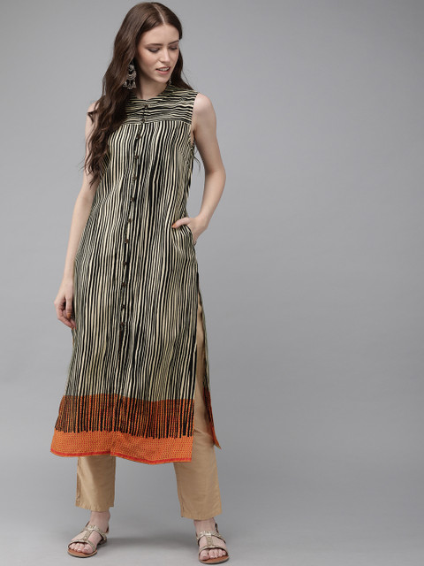 

Anouk Women Beige & Black Striped A-Line Kurta
