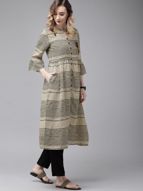 

Anouk Women Beige & Black Bell Sleeve Printed Kurta Set with Embroidery Applique Detail