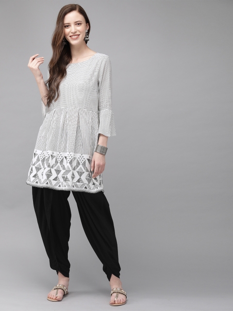 

Anouk Women White & Black Striped Kurta with Dhoti Pants