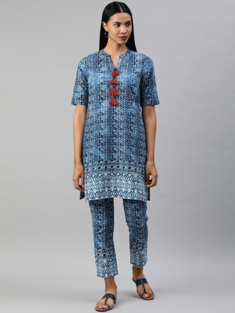 

Anouk Women Navy Blue & White Printed Indigo Kurta with Trousers