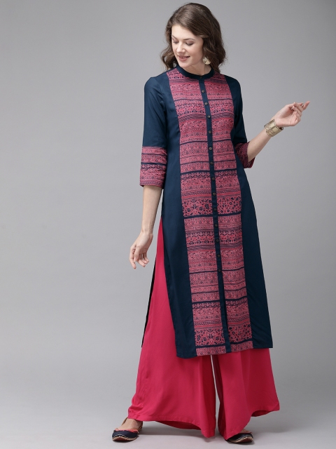 

Anouk Women Navy Blue & Pink Printed Straight Kurta