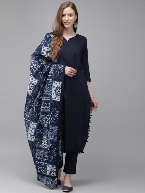 

Anouk Women Navy Blue Solid Indigo Kurta with Trousers & Dupatta