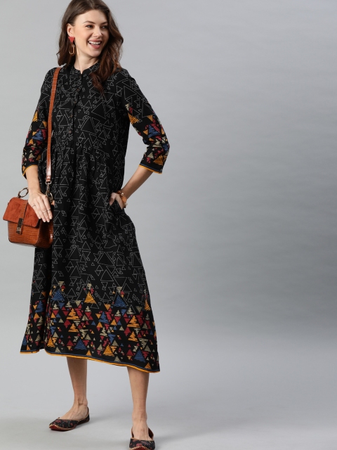 

Anouk Women Black Printed A-Line Dress With Gathers & Asymmetric Hem