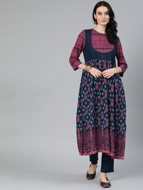 

Anouk Women Navy Blue & Pink Printed Kurta with Trousers