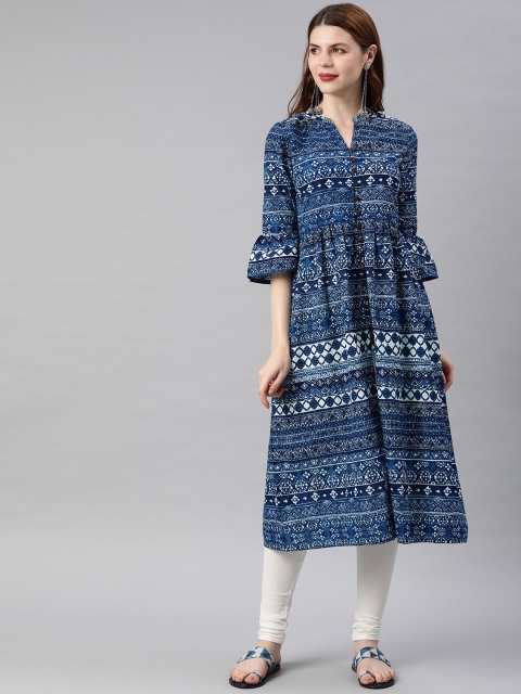 

Anouk Women Navy Blue & White Printed A-Line Kurta