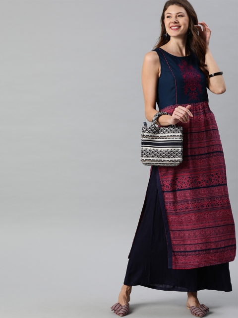 

Anouk Women Navy Blue & Pink Printed Straight Kurta with Embroidery