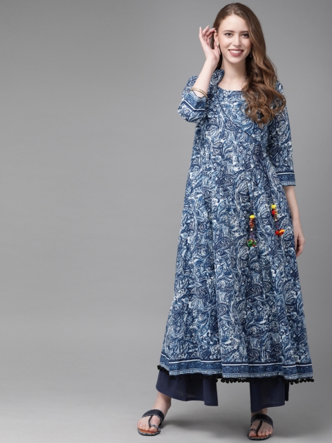 

Anouk Women Navy Blue & White Printed Angrakha Kurta with Palazzos
