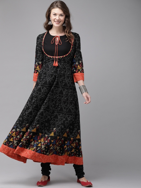 

Anouk Women Black & Grey Printed Kurta with Churidar