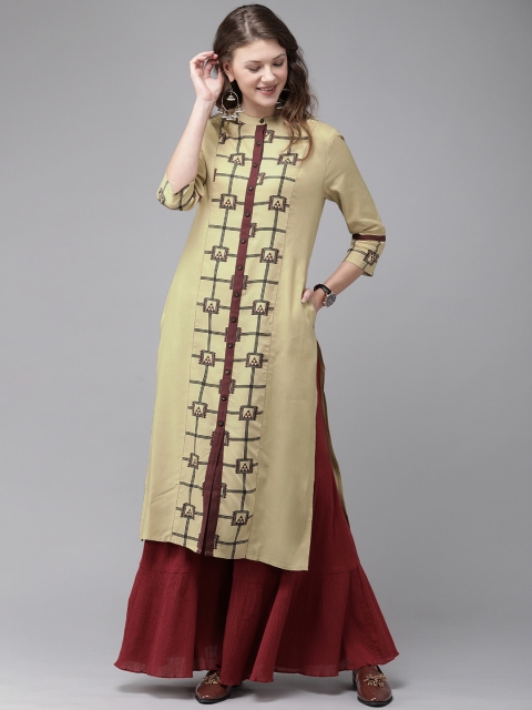 

Anouk Women Beige & Black Printed Straight Kurta