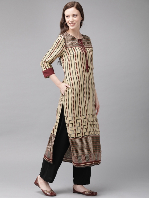 

Anouk Women Beige & Maroon Printed A-Line Kurta With Tie-Up Neck