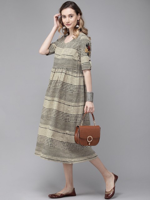

Anouk Women Beige & Black Printed A-Line Dress