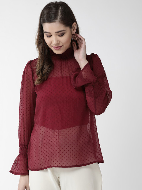 

plusS Women Burgundy Self Design Top