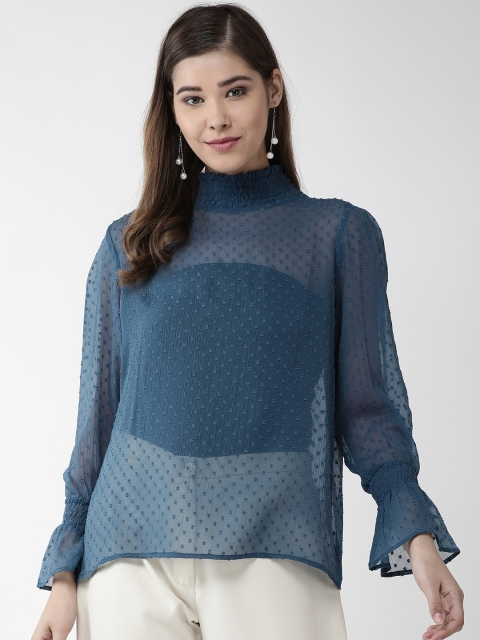 

plusS Women Teal Blue Self Design Top