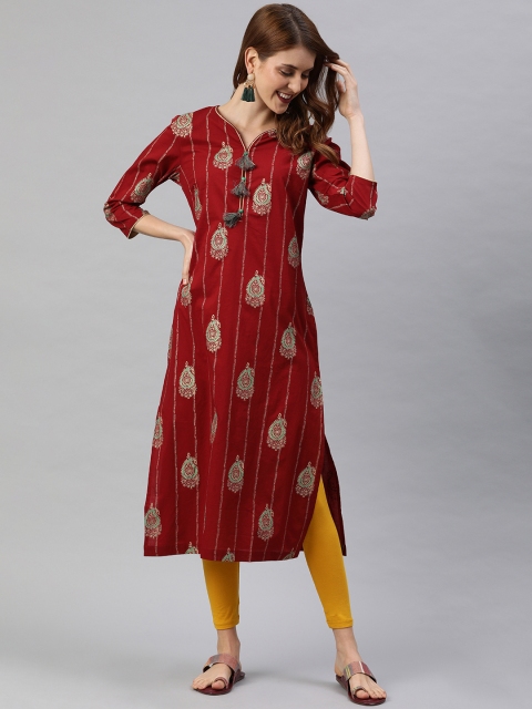

Rain & Rainbow Women Maroon Printed Straight Kurta