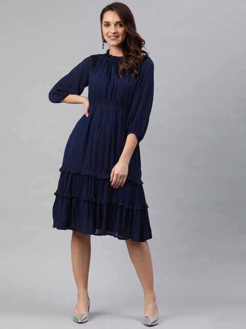 

Rain & Rainbow Women Navy Blue Solid Fit and Flare Dress