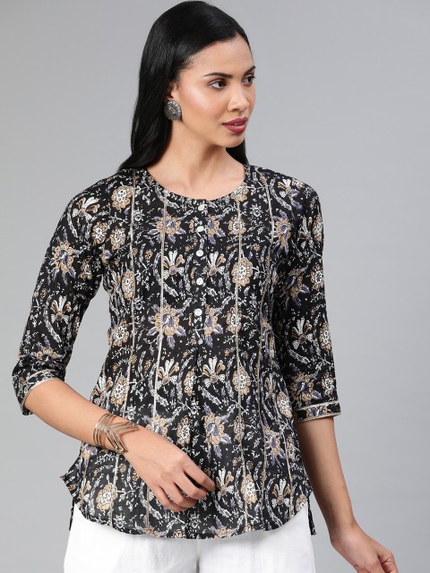 

Rain & Rainbow Women Black & Beige Printed Pure Cotton Straight Kurti