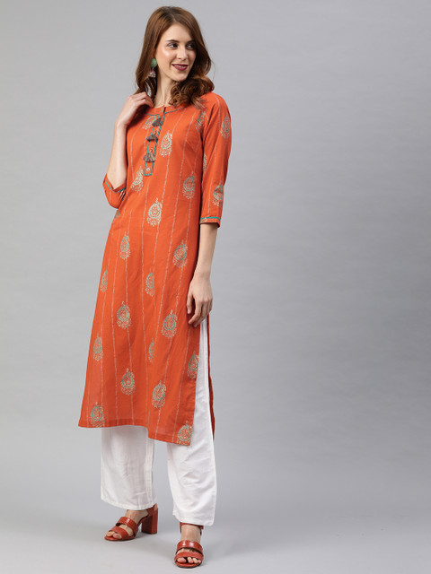 

Rain & Rainbow Women Orange & Green Woven Design Straight Kurta