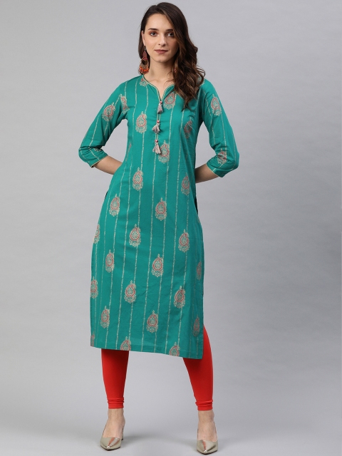 

Rain & Rainbow Women Teal Green Printed Straight Kurta