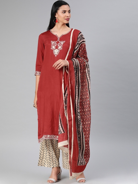 

Rain & Rainbow Women Red & Beige Solid Kurta with Palazzos & Dupatta