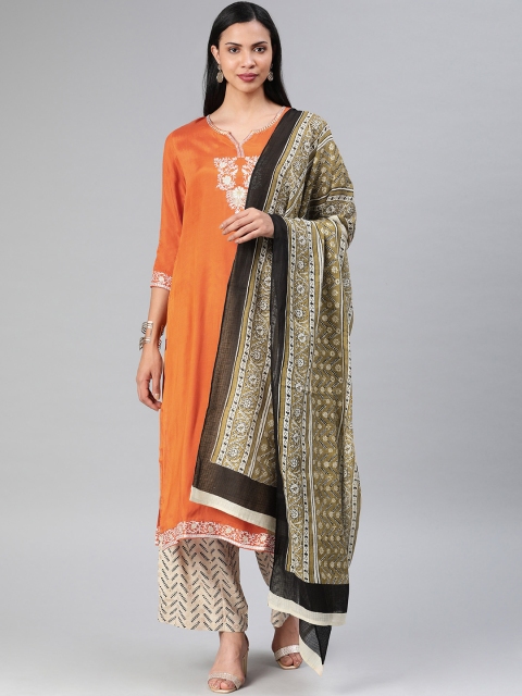 

Rain & Rainbow Women Orange & Beige Solid Kurta with Palazzos & Dupatta