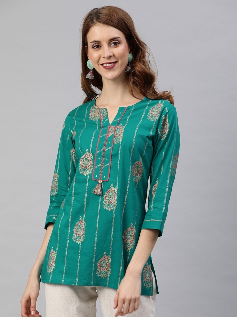 

Rain & Rainbow Women Teal Green & Golden Printed Pure Cotton Straight Kurti