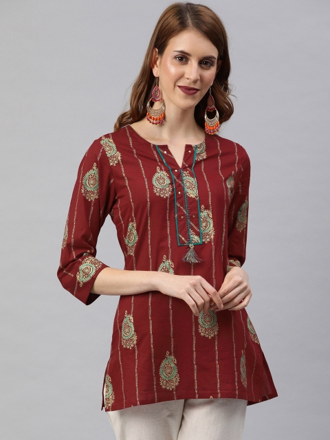 

Rain & Rainbow Women Maroon & Golden Printed Pure Cotton Straight Kurti