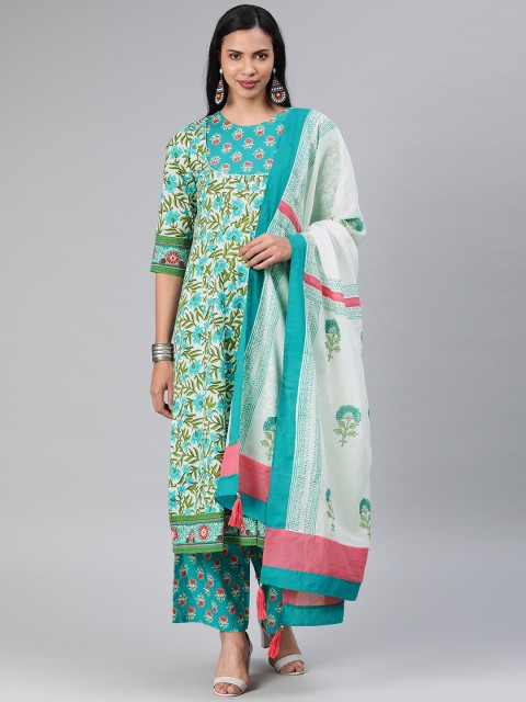 

Rain & Rainbow Women Turquoise Blue & Green Printed Kurta with Palazzos & Dupatta