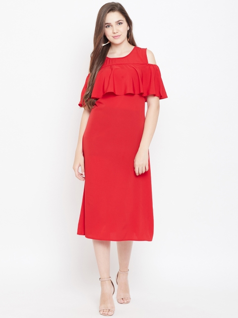 

Cottinfab Women Red Solid Cold-Shoulder A-Line Dress