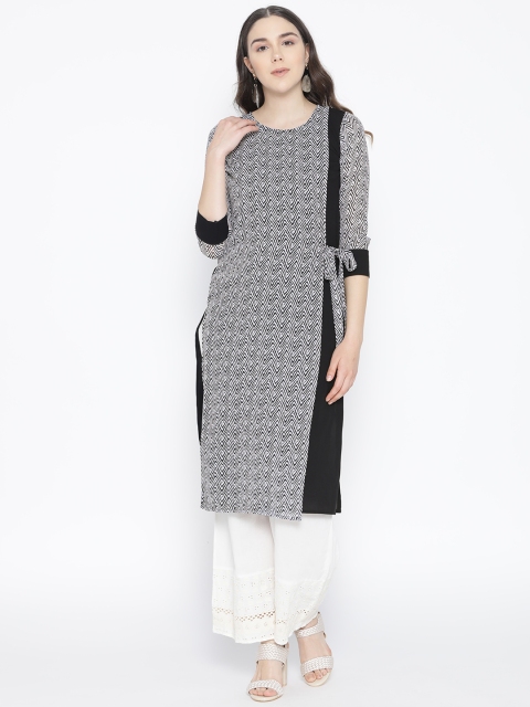 

Cottinfab Women White & Black Printed Straight Layered Kurta