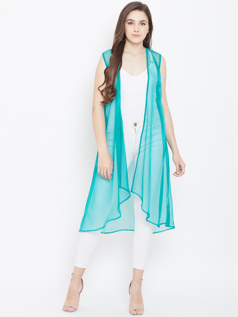 

Cottinfab Women Blue Sheer Solid Longline Open Front Shrug
