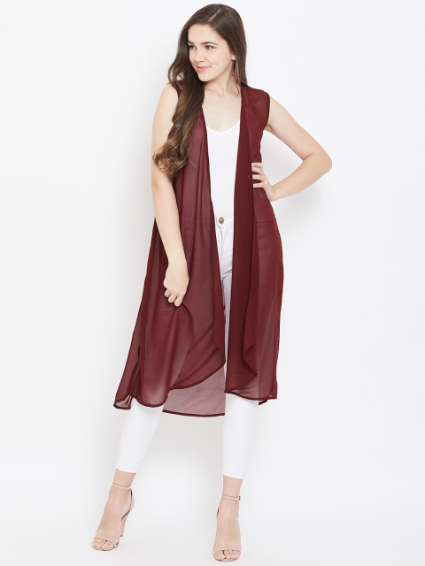 

Cottinfab Women Maroon Sheer Longline Solid Open Front Shrug