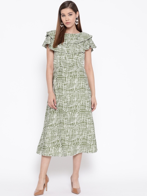 

Cottinfab Women White & Green Printed A-Line Dress