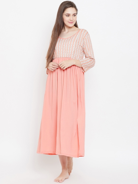 

9teenAGAIN Peach-Coloured & Off-White Printed Nursing Nightdress