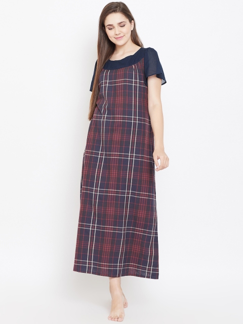 

9teenAGAIN Navy Blue & Rust Brown Checked Maxi Nightdress
