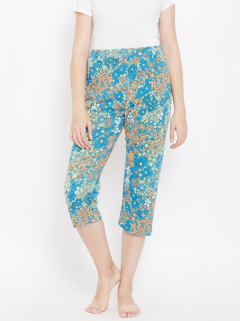 

9teenAGAIN Women Green & Pink Printed Regular Fit Lounge Capris, Blue