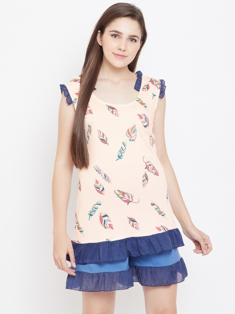 

9teenAGAIN Women Peach-Coloured & Blue Printed Night Suit