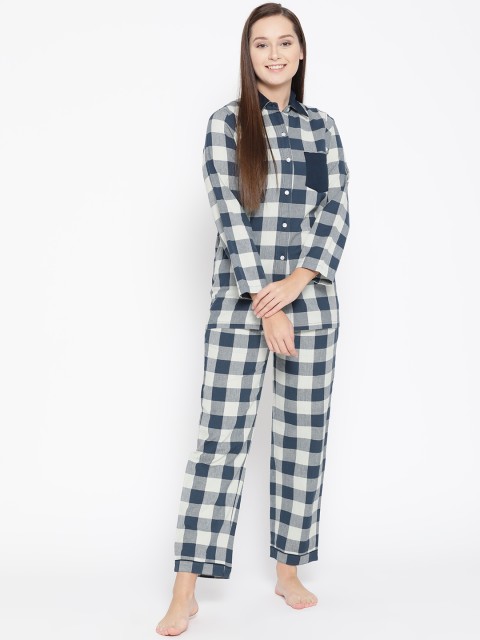

9teenAGAIN Women Navy Blue & Off-White Checked Nightsuit