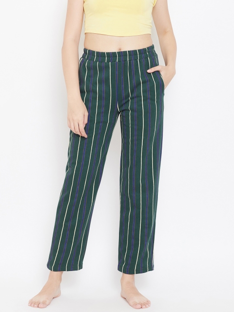 

9teenAGAIN Women Dark Green & Navy Blue Striped Lounge Pants