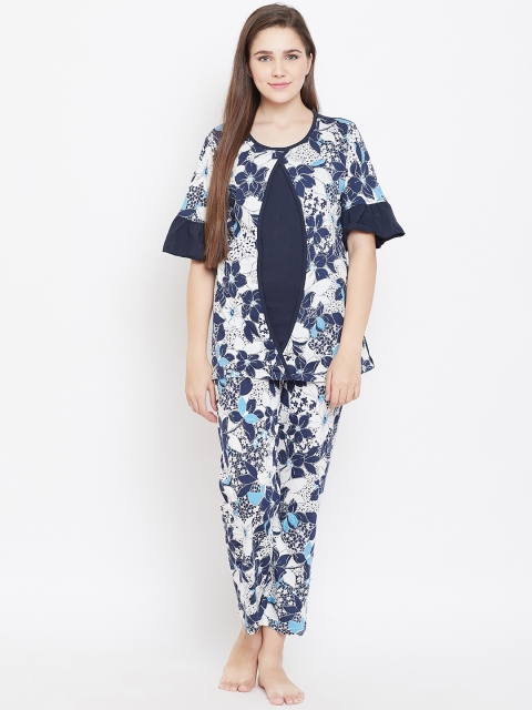

9teenAGAIN Women Blue & White Printed Night Suit